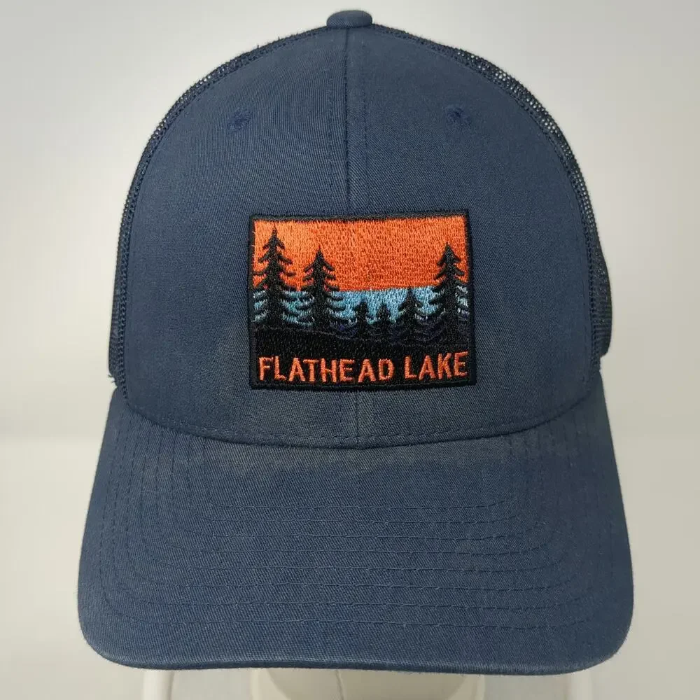 Yupoong Trucker Hat Blue One Size Flathead Lake Montana Sunset Mesh Snapback